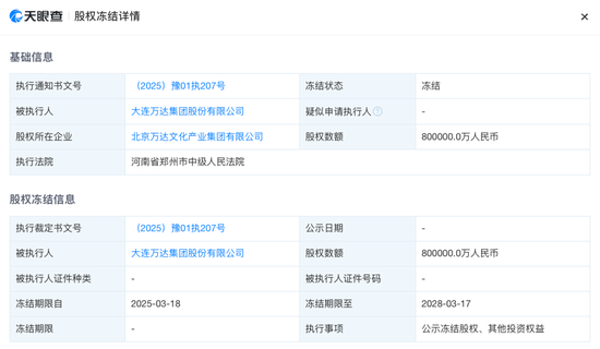 突发！大连万达集团所持80亿元股权被冻结